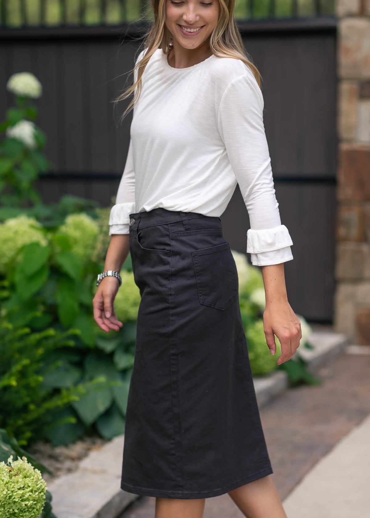 Remi Onyx Black Denim Midi Skirt